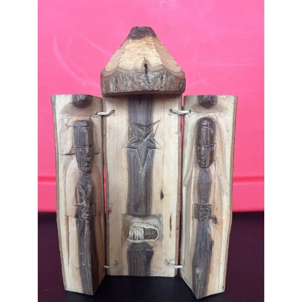 Christmas Nativity Holy Family Hand Carved Wood Vintage 3 Panels Attached